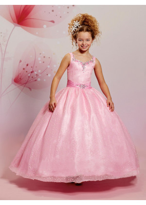 Beaded Queen Anne Neck Glittering Tulle Flower Girl Dress